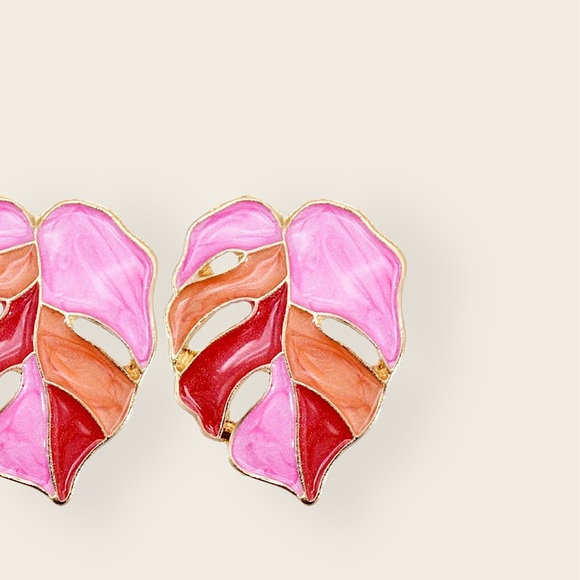 “Mila” Red Pink Bohemian Palm Tree Marble Painted Acrylic Valentine Leaf Earring - Picture 2 of 4
